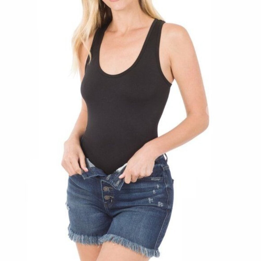 Zenana Racerback Scoop Neck Snap Bottom Basic Tank Top Leotard Bodysuit Black - Picture 4 of 7